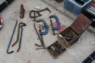 AN ASSORTMENT OF TOOLS TO INCLUDE CROW BARS, G CLAMPS AND CALIPERS ETC