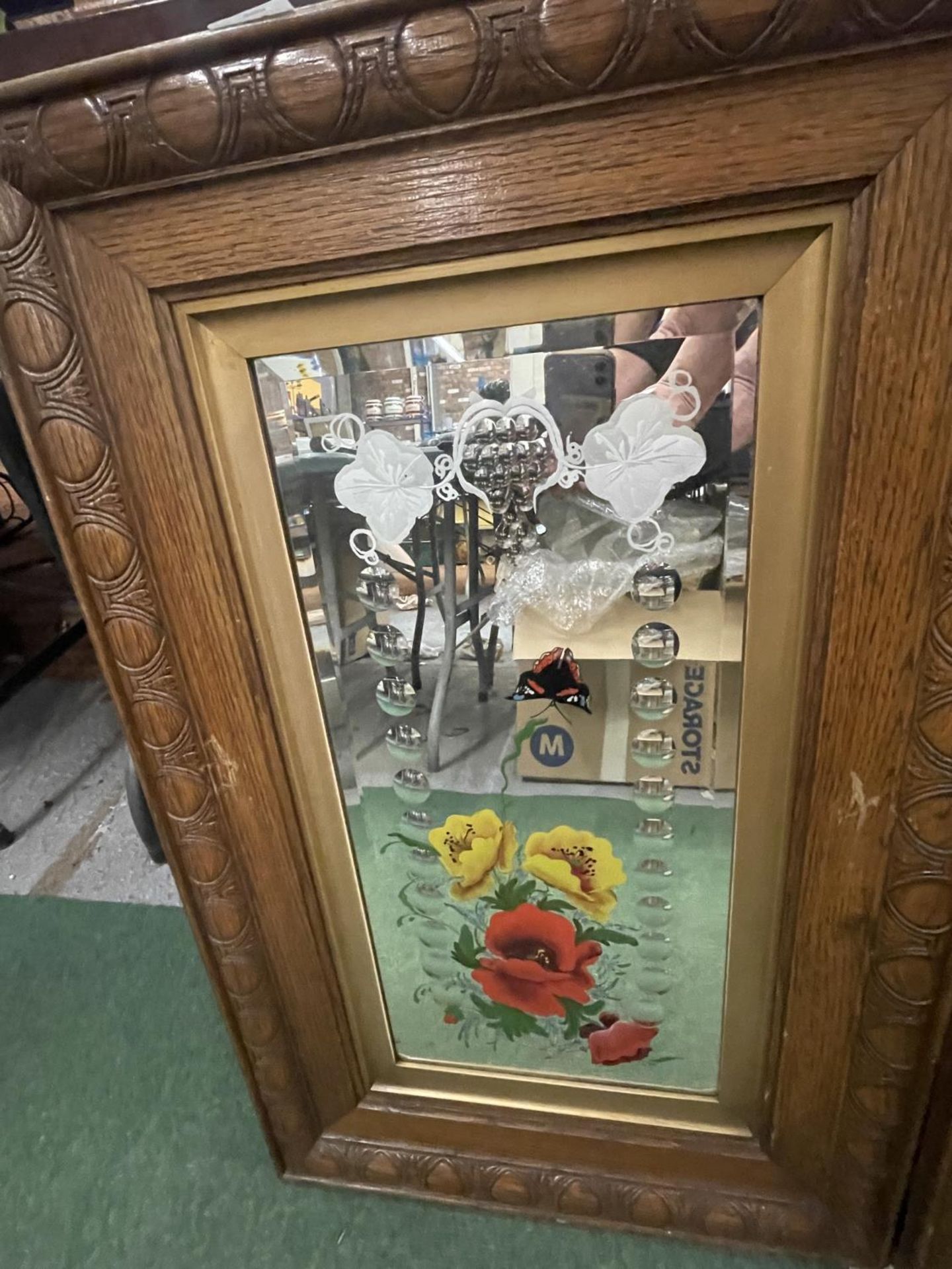 TWO OAK FRAMED DECORATIVE MIRRORS WITH FLOWERS AND BUTTERFLIES 20" X 33" - Image 6 of 6