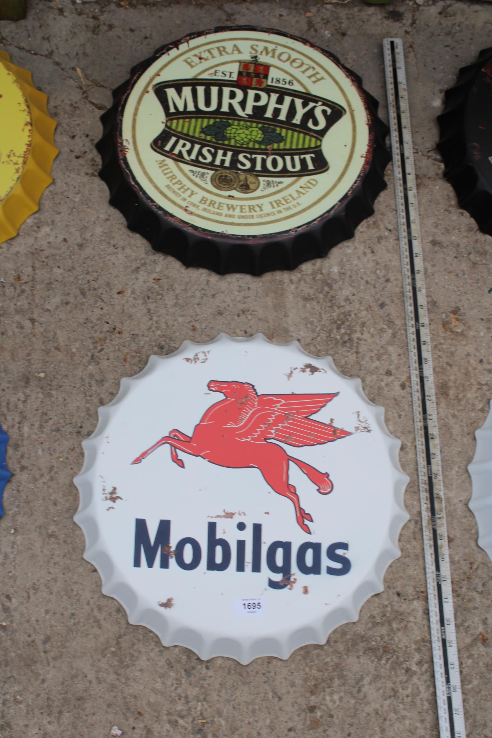 TWO BOTTLE CAP STYLE SIGNS TO INCLUDE MOBILGAS ETC