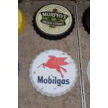 TWO BOTTLE CAP STYLE SIGNS TO INCLUDE MOBILGAS ETC