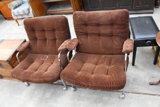 A PAIR OF 1970'S EASY CHAIRS ON TUBULAR POLISHED CHROME FRAME AND LEGS