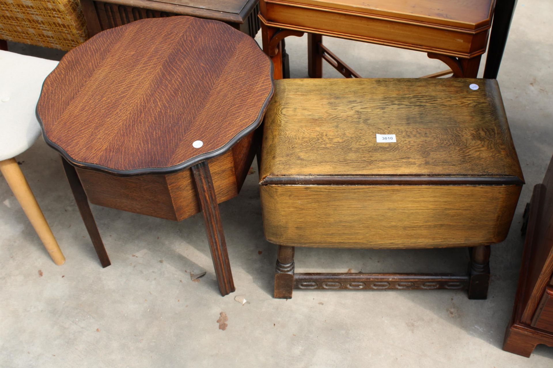 A MINIATURE OAK JACOBEAN STYLE DROP-LEAF TABLE AND MID 20TH CENTURY MORCO PRODUCT TABLE/SEWING BOX