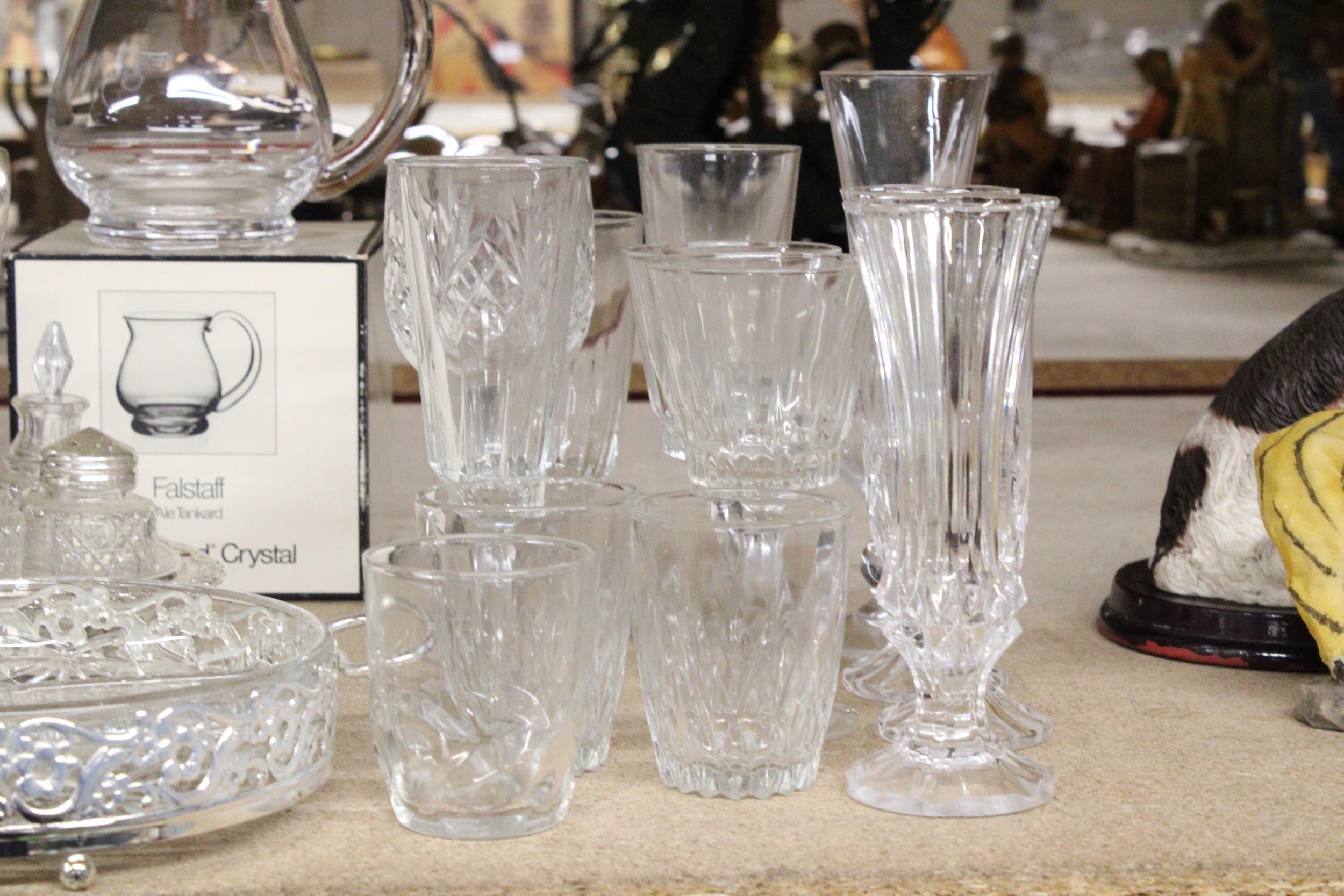 A QUANTITY OF GLASSWARE TO INCLUDE A SILVER PLATED STAND WITH CONDIMENTS, A BOXED WEDGWOOD ' - Image 4 of 6