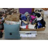 A LARGE ASSORTMENT OF CLOTHES, MATERIAL, BAGS AND CUSHIONS ETC