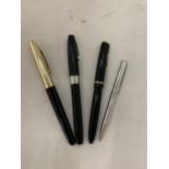 FOUR PENS TO INCLUDE TWO CARTRIDGE, A FOUNTAIN AND BALL POINT