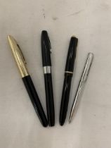 FOUR PENS TO INCLUDE TWO CARTRIDGE, A FOUNTAIN AND BALL POINT