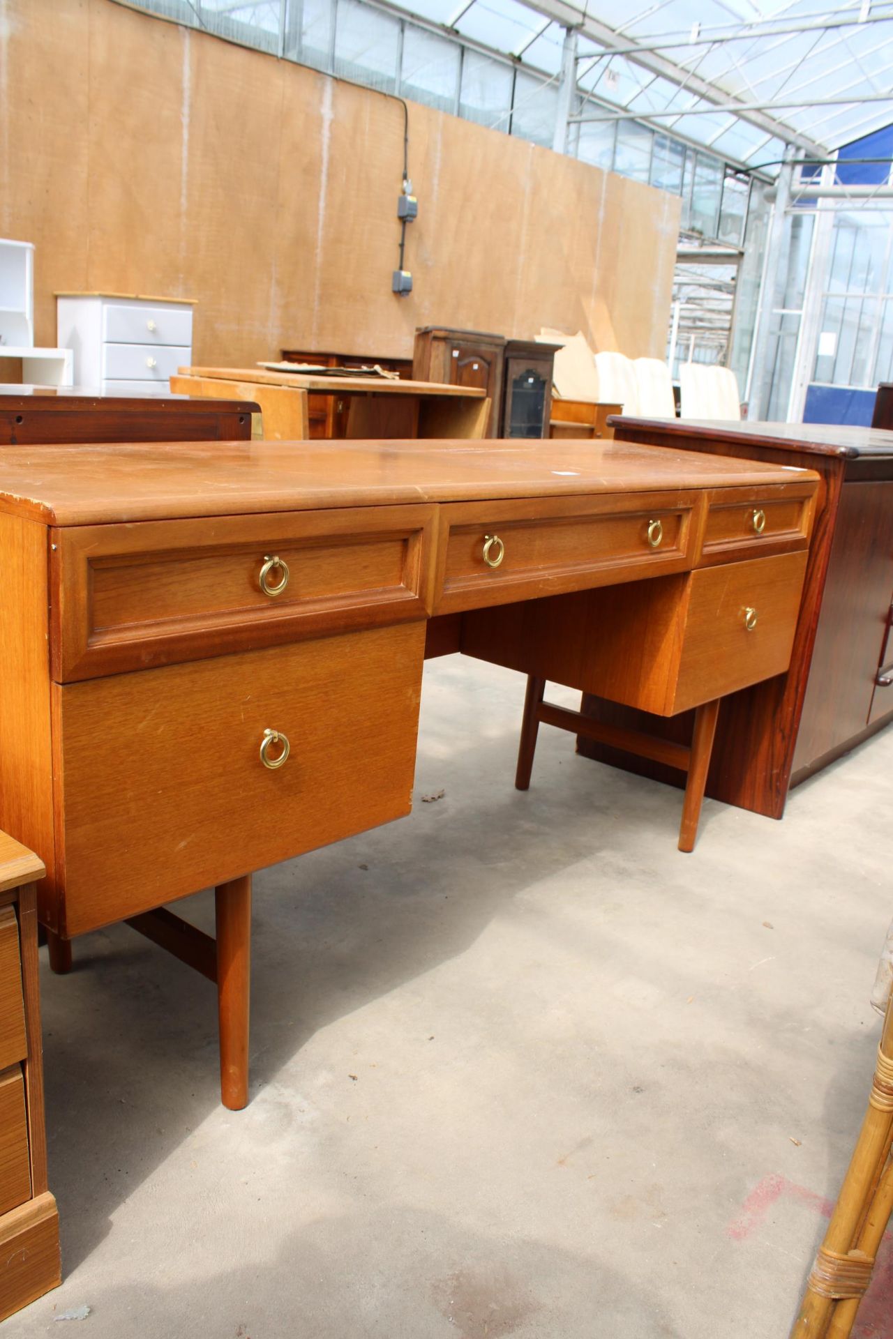 A RETRO TEAK BEITHCRAFT TWIN-PEDESTAL DRESSING TABLE BASE, 60" WIDE - Image 2 of 6