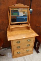 A VICTORIAN SATINWOOD DRESSING CHEST WITH THREE DRAWERS HAVING BRASS SCOOP HANDLES, 33" WIDE