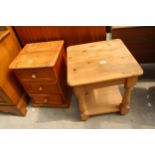 A MODERN PINE TWO TIER LAMP TABLE AND THREE DRAWER BEDSIDE CHEST