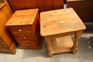 A MODERN PINE TWO TIER LAMP TABLE AND THREE DRAWER BEDSIDE CHEST