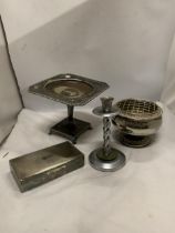 THREE SILVER PLATE ITEMS TO INCLUDE A TAZZA, ROSE BOWL, CANDLESTICK AND AN EPNS ARISTOCRAT CIGAR BOX