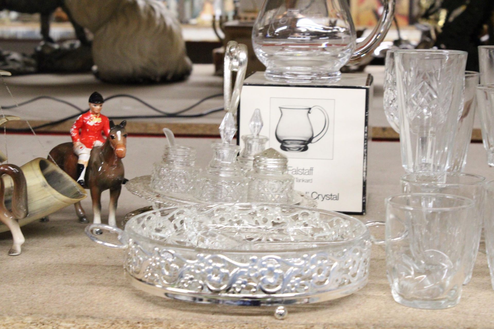 A QUANTITY OF GLASSWARE TO INCLUDE A SILVER PLATED STAND WITH CONDIMENTS, A BOXED WEDGWOOD ' - Image 3 of 6