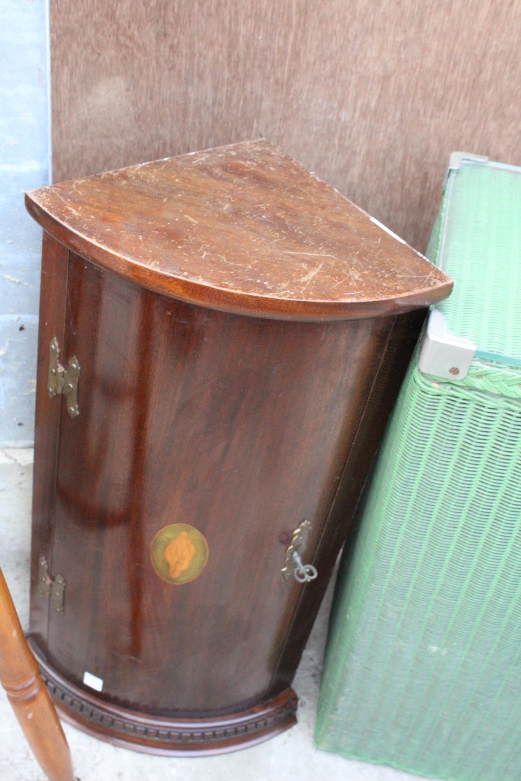 A LLOYD LOOM LINEN BOX, SMALL MAHOGANY AND SHELL INLAID CORNER CUPBOARD AND BEECH STOOL - Image 2 of 3