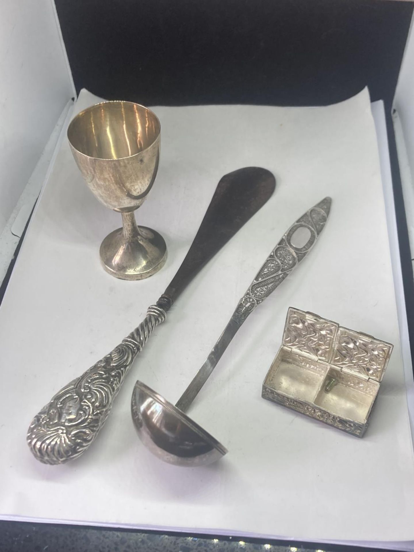 FOUR POSSIBLY SILVER ITEMS TO INCLUDE A GOBLET, LADLE, PILL BOX AND SHOE HORN - Image 2 of 10