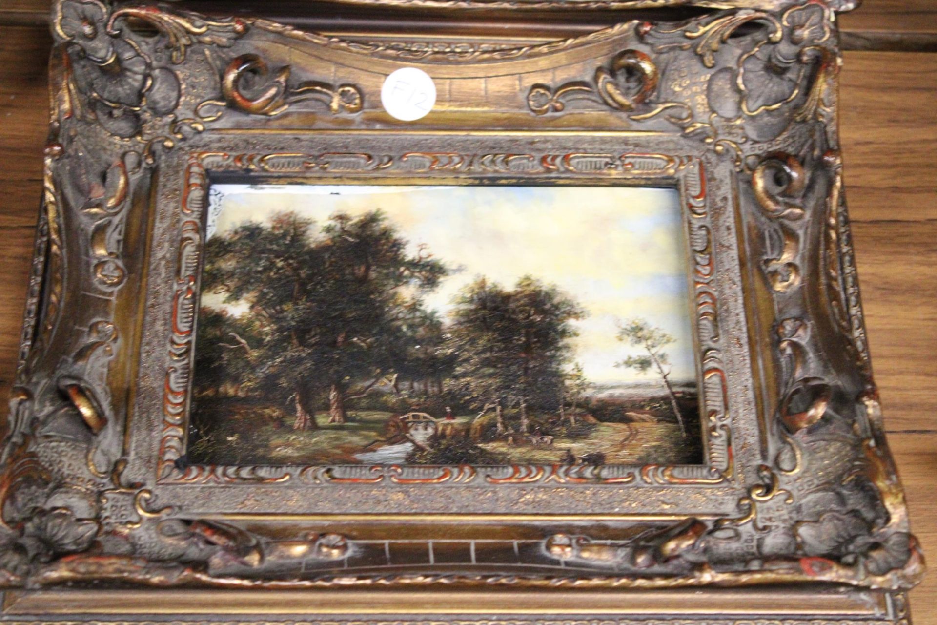 THREE VINTAGE OVER PAINTED PRINTS OF COUNTRYSIDE SCENES, IN ORNATE GILT FRAMES - Image 3 of 4