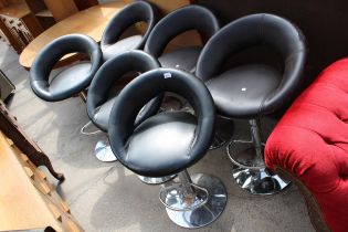 SIX BLACK FAUX LEATHER PUMP STOOLS ON POLISHED CHROME BASE