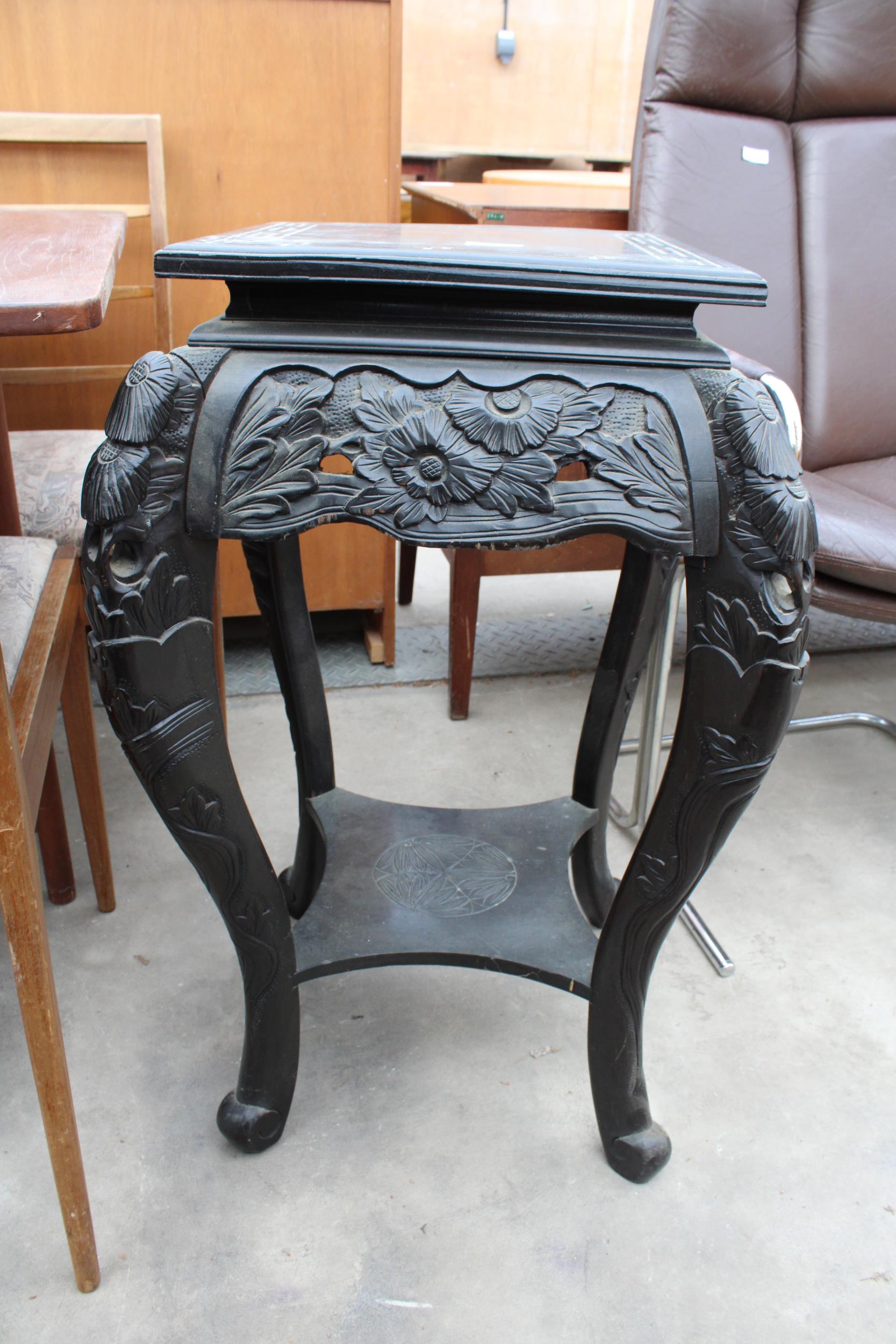 A VICTORIAN STYLE EBONISED TWO TIER JARDINIER STAND WITH FOLIATE CARVINGS, 14" SQUARE - Image 3 of 3