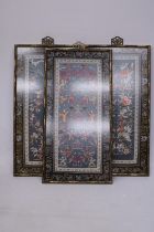 THREE CHINESE SILK EMBROIDERIES DEPICTING A LANDSCAPE SCENE, BIRDS AND FLORALS IN BAMBOO FRAMES