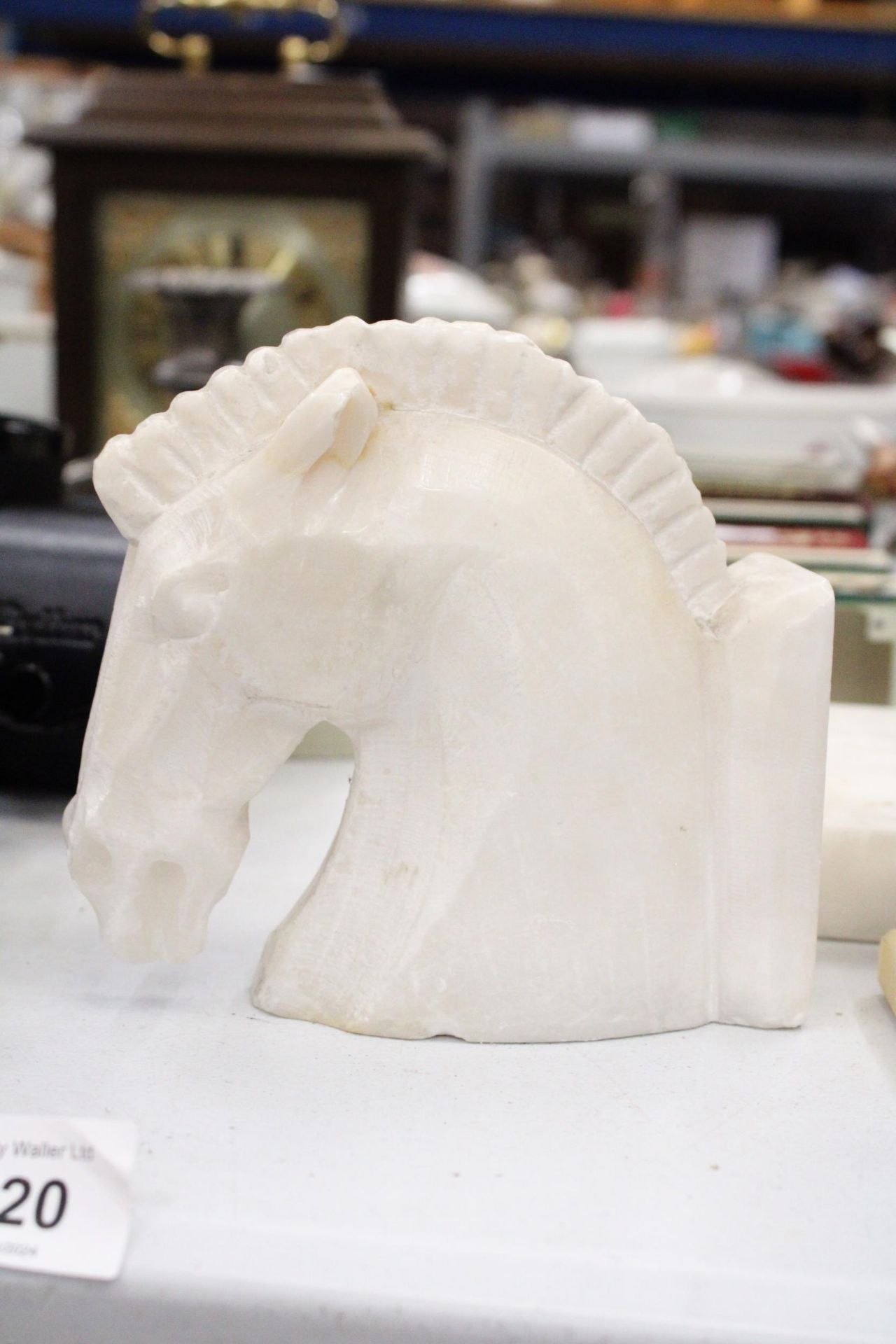 A PAIR OF ALABASTER HORSES HEADS, HEIGHT 12CM, A TILE, PLUS A BUST OF AN EGYPTIAN GOD - Image 5 of 6