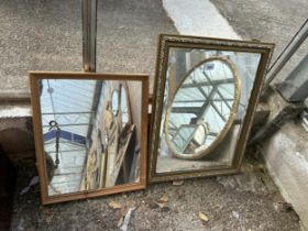 A MODERN GILT FRAMED WALL MIRROR, 22" X 17.5" AND A PINE FRAMED MIRROR