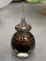 A VINTAGE GLASS ART IRIDESCENT SPUN THREADED PERFUME BOTTLE