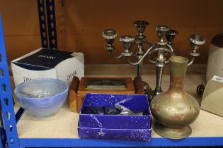 A MIXED LOT TO INCLUDE TWO CANDELABRAS, A GLASS BOWL, CORKSCREW, A METAL VASE ETC