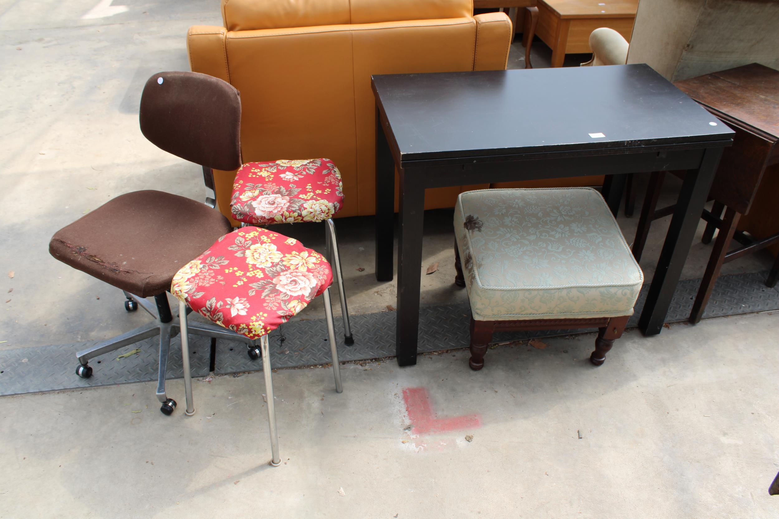 A MODERN BLACK DRAW-LEAF TABLE, UPHOLSTERED STOOL ON TURNED LEGS, OFFICE CHAIR AND A PAIR OF
