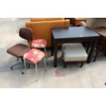 A MODERN BLACK DRAW-LEAF TABLE, UPHOLSTERED STOOL ON TURNED LEGS, OFFICE CHAIR AND A PAIR OF