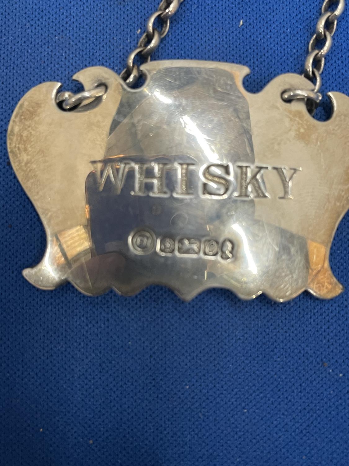 TWO HALLMARKED SHEFFIELD SILVER DECANTER LABELS, SHERRY AND WHISKY - Image 4 of 8