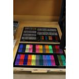 A COMPLETE DOUBLE SIDED ART SET TO INCLUDE PAINTS, CRAYONS, PASTELS FELT-TIPS AND PENCILS