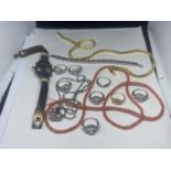 A QUANTITY OF COOSTUME JEWELLERY TO INCLUDE RINGSNECKLACES AND BRACELETS