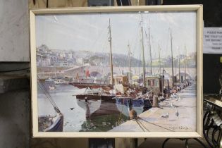A VERNON WARD SIGNED PRINT, 'EVENING AT LOOE'