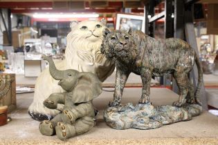 THREE LARGE ANIMAL FIGURES TO INCLUDE A TIGER, PERSIAN CAT AND ELEPHANT