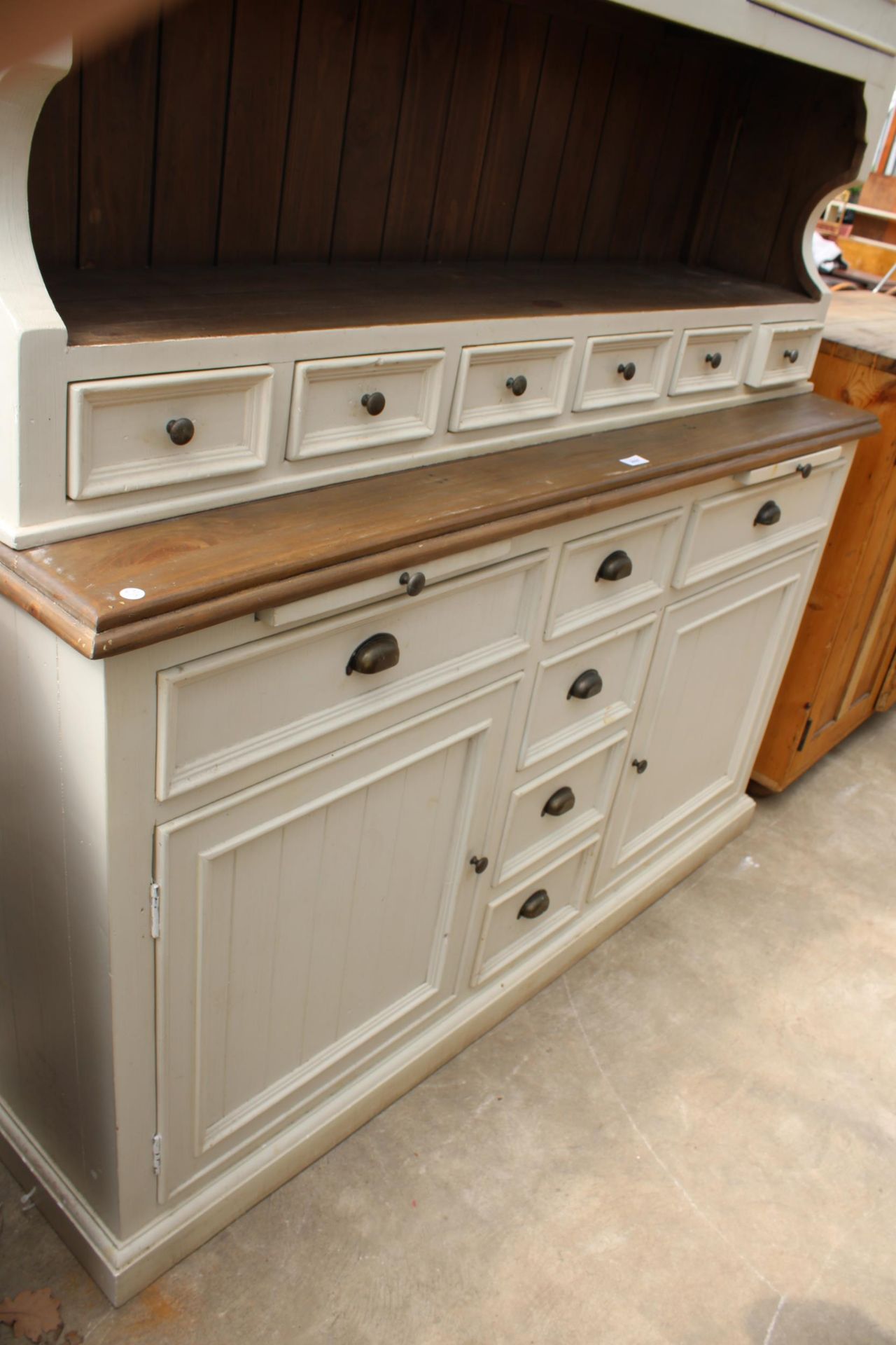 A MODERN PAINTED DRESSER, THE UPPER PORTION ENCLOSING TWO GLAZED CUPBOARDS AND SIX SPICE DRAWERS, - Image 3 of 7