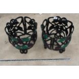 A PAIR OF DECORATIVE METAL PLANT POT HOLDERS WITH GRAPE DETAIL