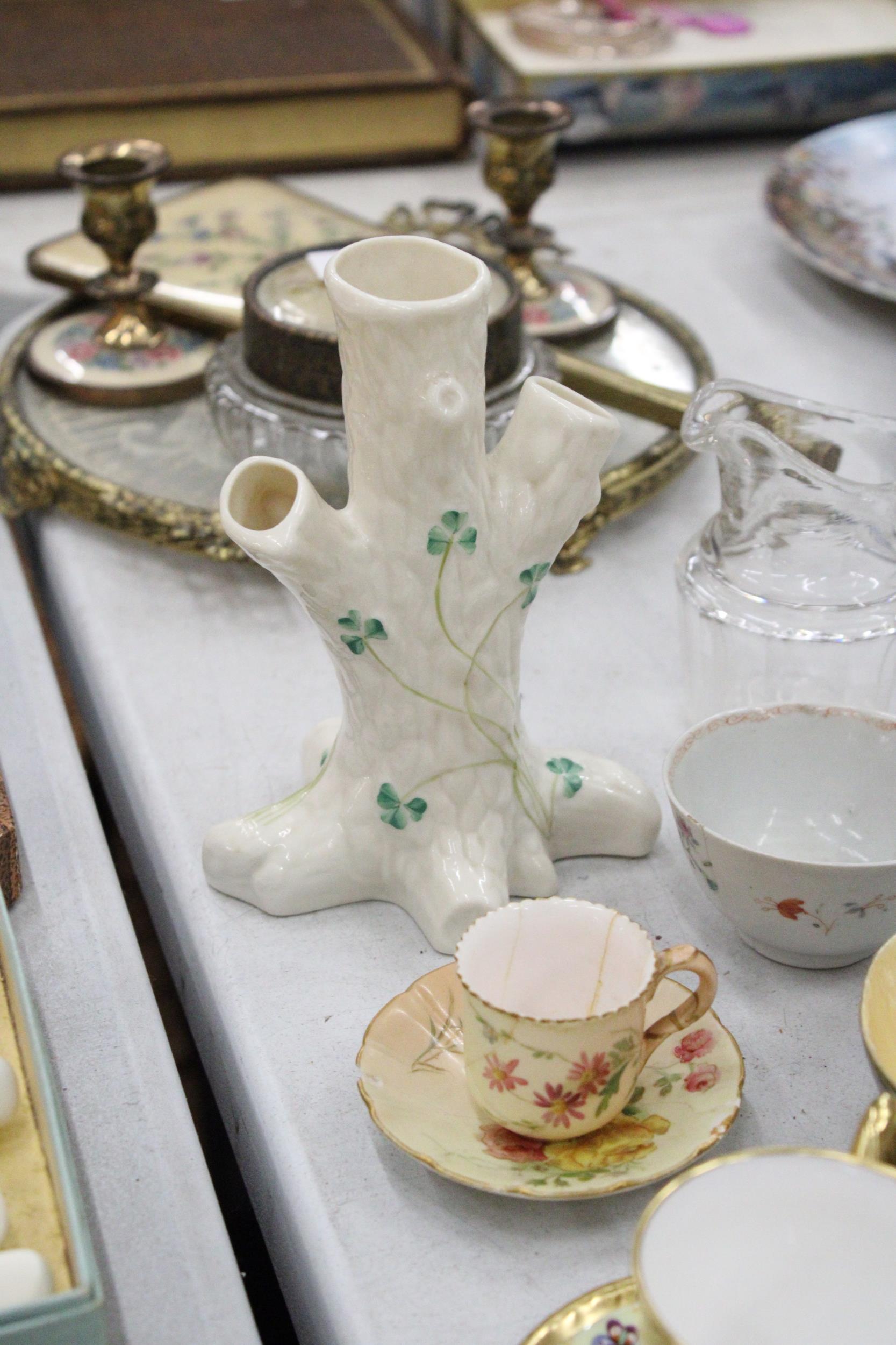 A ROYAL WORCESTER, SAMUEL ASTLES, 'ENGLISH FLOWERS' CUP SND SAUCER, BELLEEK TREE STUMP VASE, - Image 4 of 5