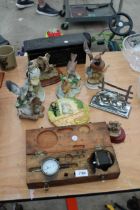 AN ASSORTMENT OF ITEMS TO INCLUDE ANIMAL FIGURES, A WOODEN BOX AND A GUAGE ETC