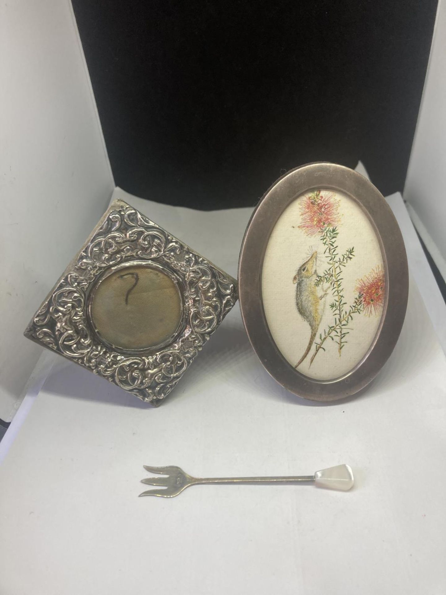 TWO HALLMARKED SILVER SMALL PHOTOGRAPH FRAMES AND A PICKLE FORK - Image 2 of 14