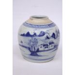 A 19TH CENTURY CHINESE WHITE WITH BLUE UNDERGLAZE GINGER JAR (NO LID) FISHERMAN SCENE