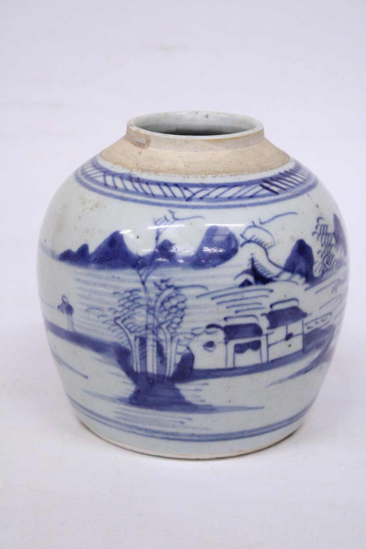 A 19TH CENTURY CHINESE WHITE WITH BLUE UNDERGLAZE GINGER JAR (NO LID) FISHERMAN SCENE