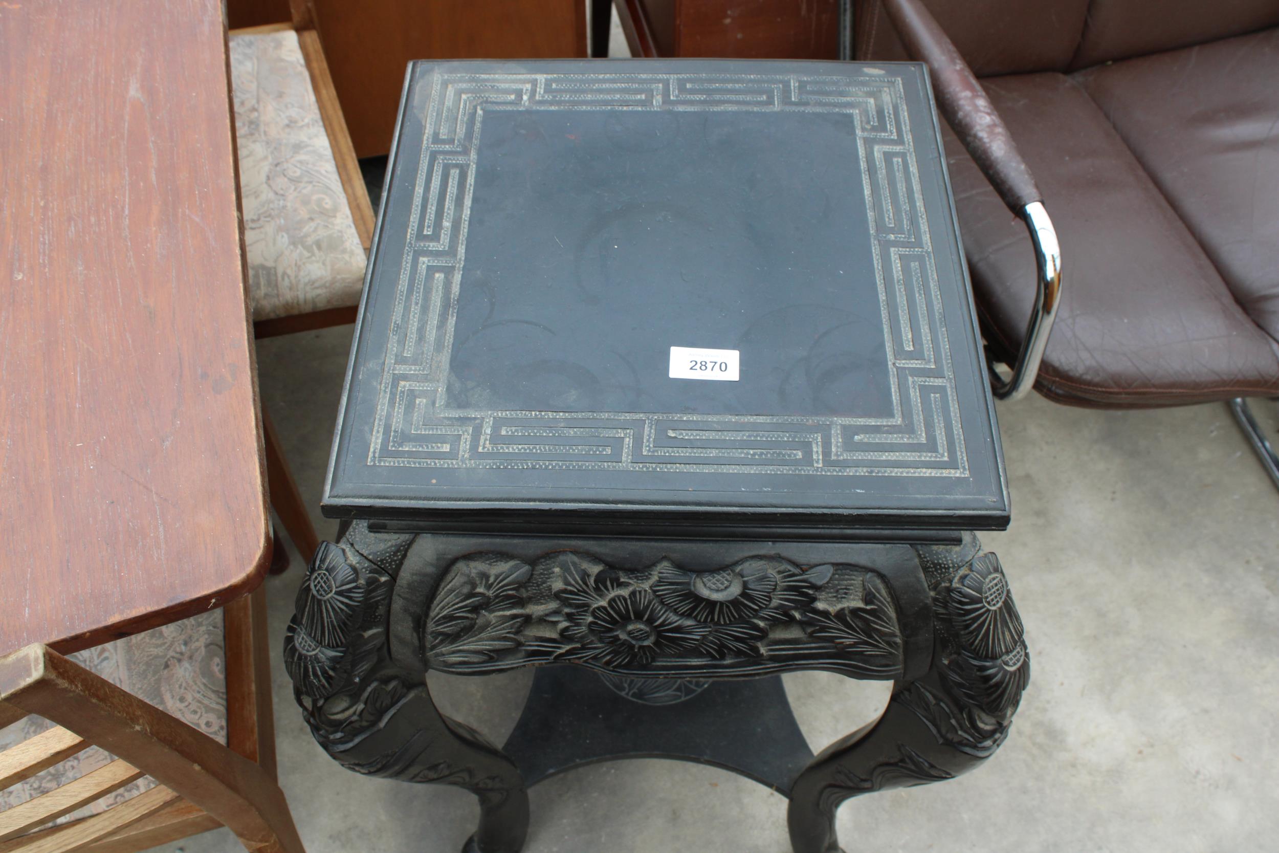 A VICTORIAN STYLE EBONISED TWO TIER JARDINIER STAND WITH FOLIATE CARVINGS, 14" SQUARE - Image 2 of 3