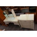A MODERN CREAM GILT CHEST OF FIVE DRAWERS, 31" WIDE AND MATCHING DRESSING TABLE, 48" WIDE