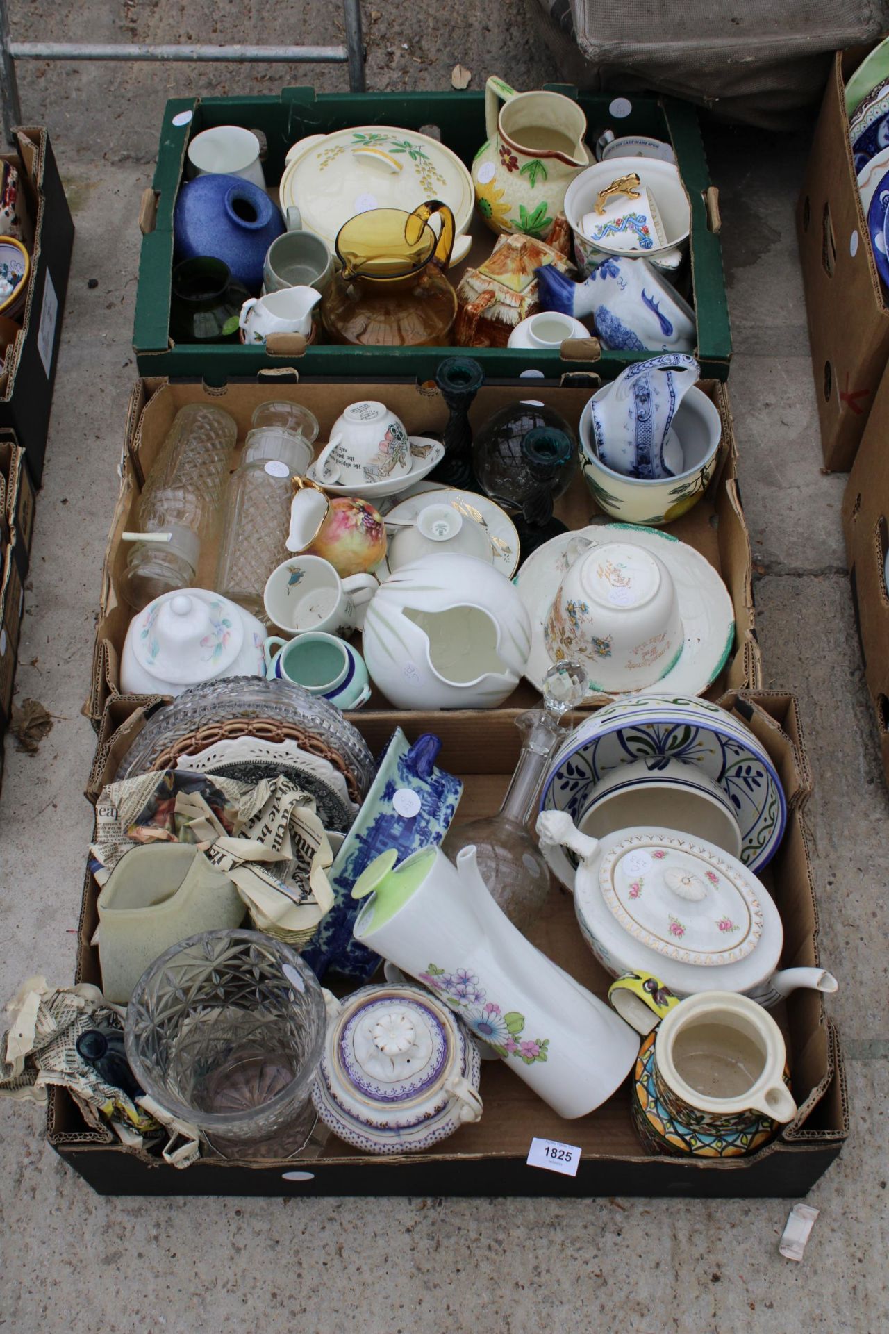 THREE BOXES OF HOUSEHOLD ITEMS TO INCLUDE TEAPOTS, BOWLS AND JUGS ETC