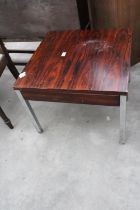 A RETRO ISOPLAN (TRING) HARDWOOD LAMP TABLE ON POLISHED CHROME LEGS, 24" SQUARE