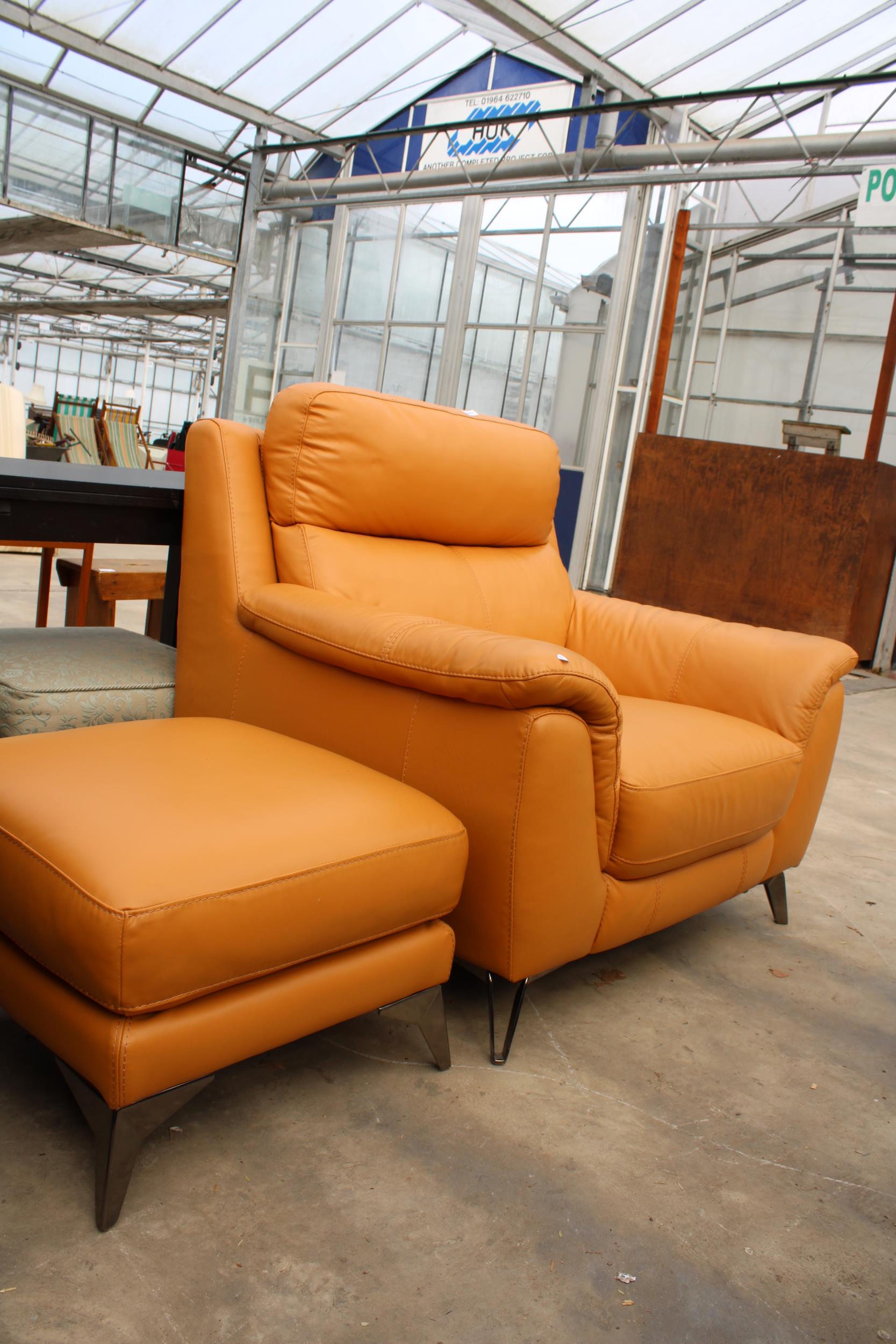 A CARAMEL LEATHER EASY CHAIR AND FOOTSTOOL ON POLISHED CHROME LEGS - Image 2 of 6