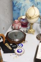 A MIXED LOT TO INCLUDE A GOLD PLATED WATCH, FABERGE STYLE EGG ON STAND DEPICTING A CHERUB,