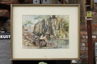 A WATERCOLOUR OF TWO BOYS FISHING, SIGNED MAURITZ HATTING, '83, 37CM X 30CM