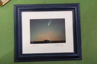 A FRAMED PICTURE OF COMET HALE-BOPP PASSING STONEHENGE ON 15TH APRIL 1997 AT 10.45 PM