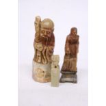 A CHINESE SHOU LAO TAO IMMORTAL CARVED SOAPSTONE SEAL TOGETHER WITH TWO FURTHER CARVINGS