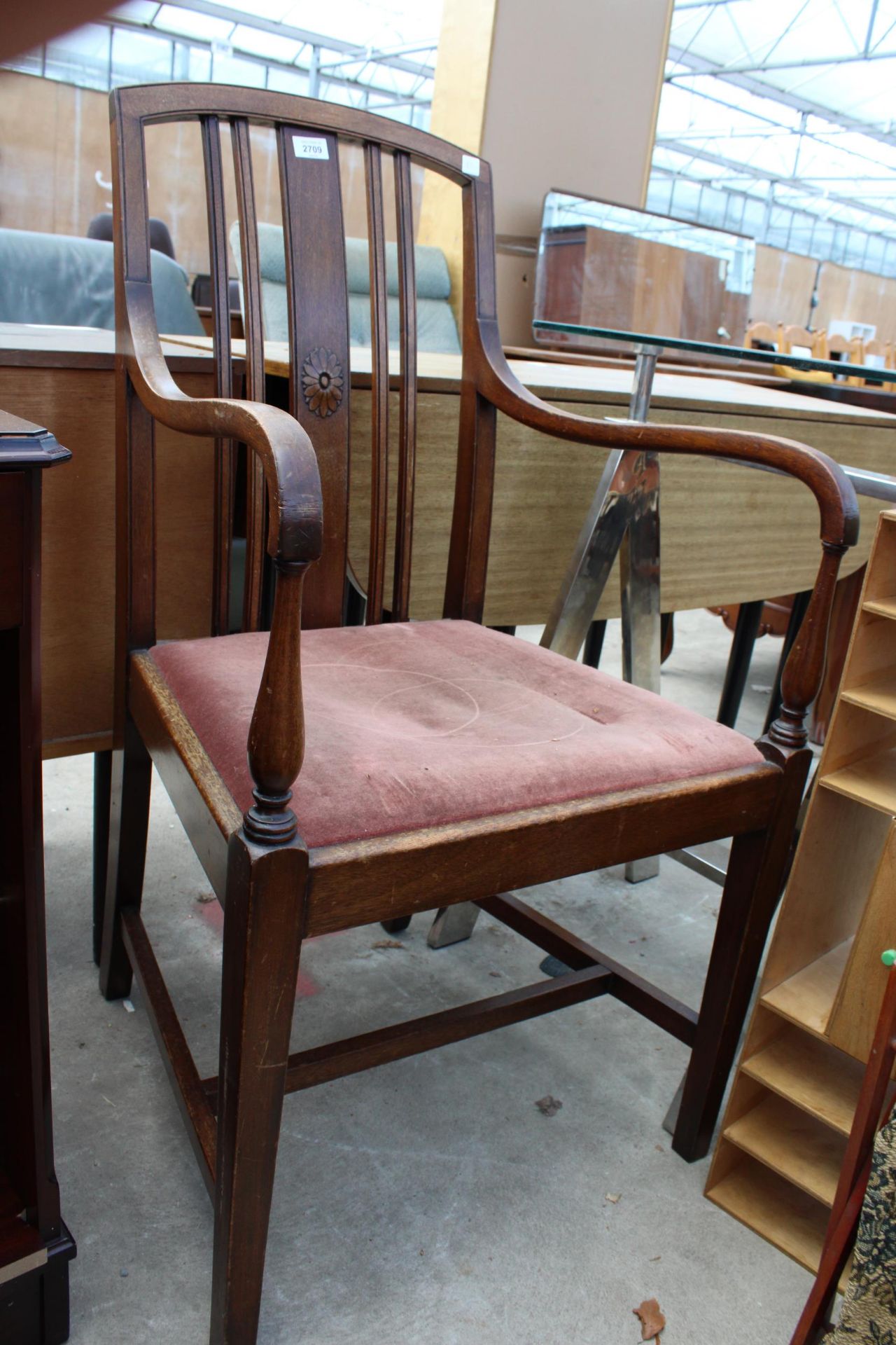 AN EDWARDIAN MAHOGANY CARVER CHAIR, OAK PANEL WITH COAT HOOKS, FOLDING SEWING CONTAINER AND WOODEN - Image 3 of 3